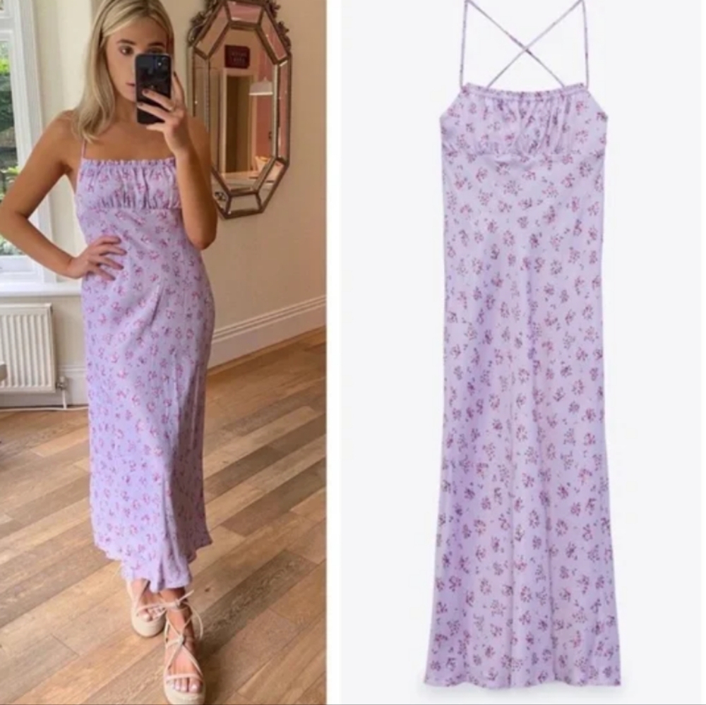 ZARA FLORAL PRINT SATIN EFFECT DRESS, LIGHT lavender pastel purple medium